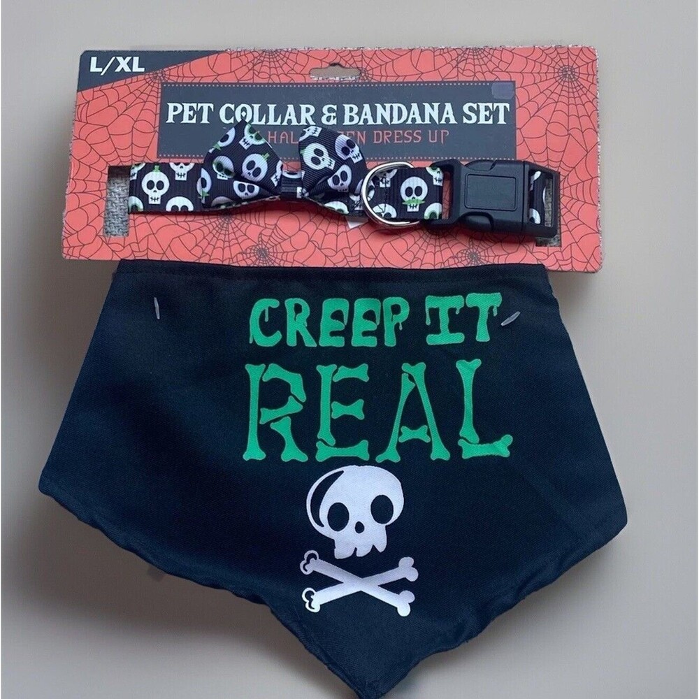 Creep it Real Dog Matching Collar Bandana Set NWT L/XL Black Skull Gift